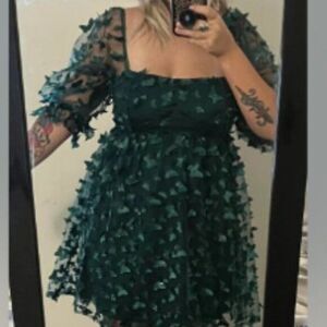 3D Butterfly green Women's mini  dress 3/4 sleeve square neck  size L